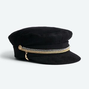 Zadig & Voltaire black chain mixed metal charm newsboy cap baker boy hat wool
